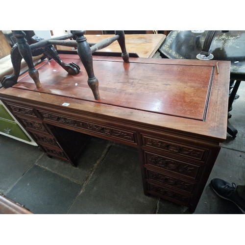 864 - A Chinese hardwood pedestal desk, width 137cm, depth 61cm & height 79cm.