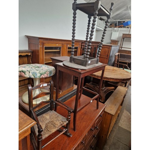 901 - Three pieces of furniture comprising a child's rocking chair, an oak bobbin leg table and a mahogany... 