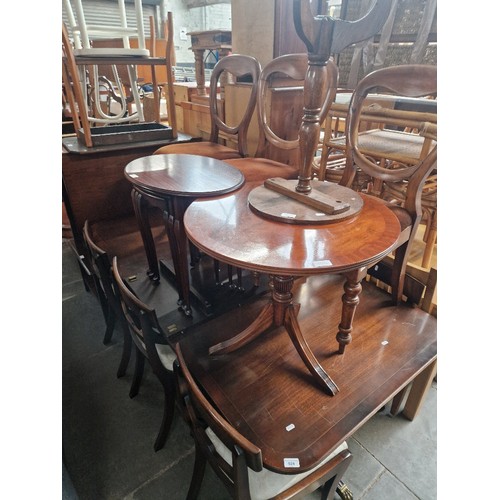 924 - Assorted furniture comprising a reproduction dining table and chairs, three Victorian baloon back ch... 