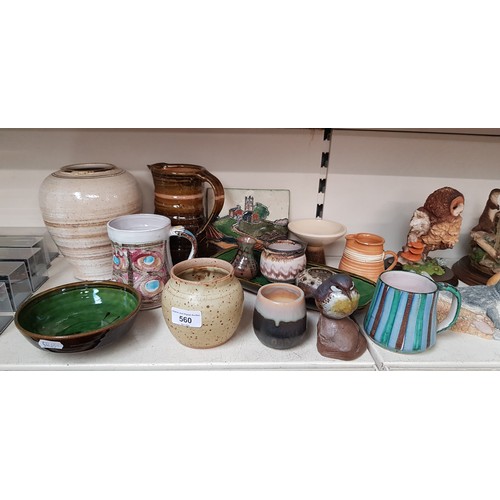 560 - Studio pottery - 15 items including pottery made in Cornwall, Wye, York, Wyley, etc