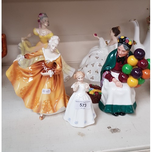 573 - 5 Royal Doulton figurines including The Old Balloon Seller HN1315, My Love HN2339, Ninette HN2379 et... 