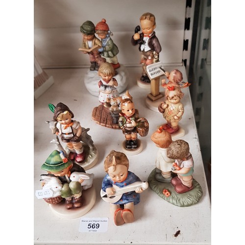 569 - 10 Hummel figurines including Village Boy c.1958, Bird Duet 1960-63, Joyful 1960-72, Little Goat Her... 