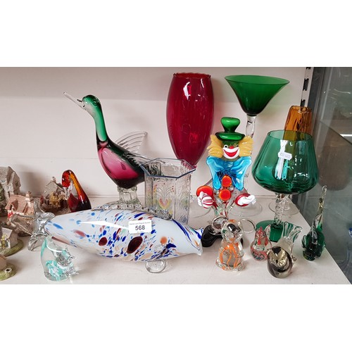 568 - Art glass - 14 items including large duck, Murano clown, vase with painted decoration by SEA Glasbru... 