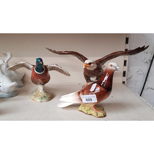 609 - 3 large Beswick birds - Bald Eagle (1018), Pheasant on base - settling (850) and Pigeon (1383)