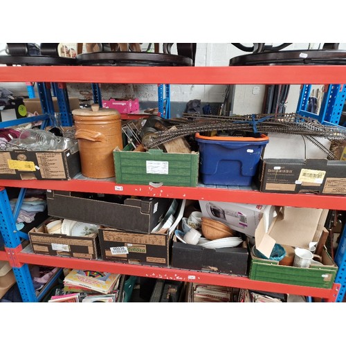 164 - Nine boxes of miscellaneous pottery, glass ware, kitchen items , fishing tackle, model rail way item... 