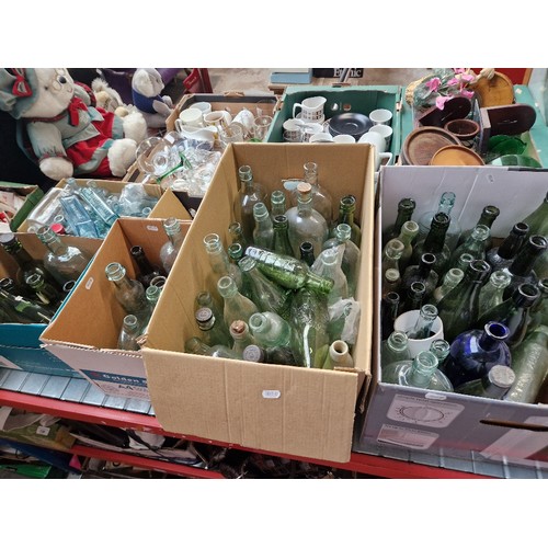 143 - Five boxes of Preston glass bottles including medicin bottles, soda bottles, beer bottles, chemist b... 