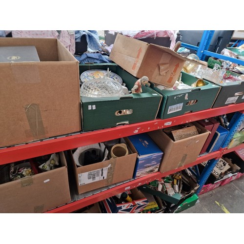 145 - Nine boxes of assorted glass pottery, Xmas items, camping gas stove, part picnic hamper.