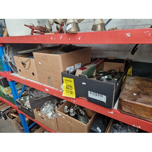 124 - Three boxes of assorted metal ware and a canteen of cutlery