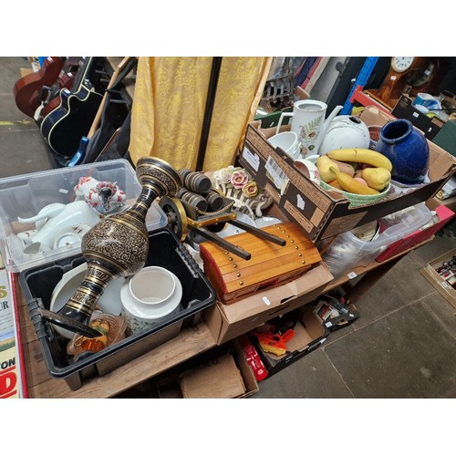 86 - Six boxes of assorted pottery, ornaments, wooden dray wagon and a wooden Gypsy style caravan.