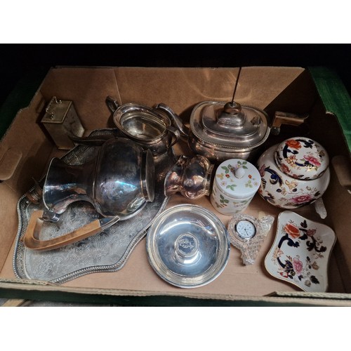 80 - A mixed lot comprising silver plate, pottery, Masons, together with a small Waterford crystal clock.