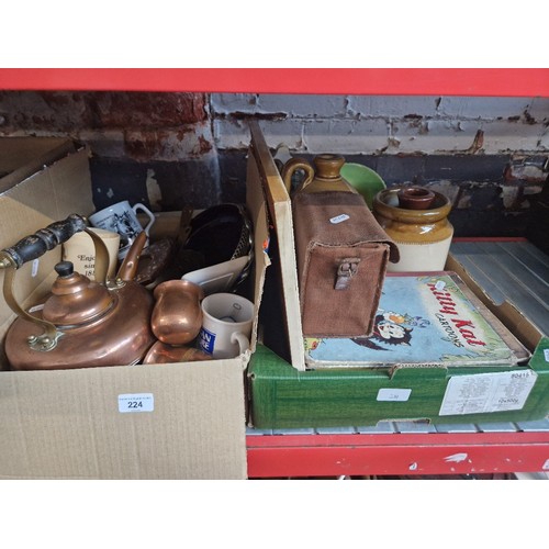 224 - A mixed lot including stoneware bottles, copper kettle, copper toddy ladles & pans, Braithwaites fai... 