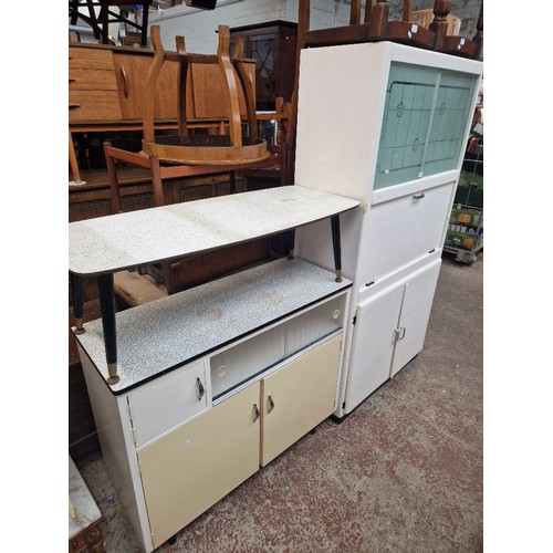 945 - 1950s furniture comprising melamine top coffee table, melamine top kitchen side cabinet and a white ... 