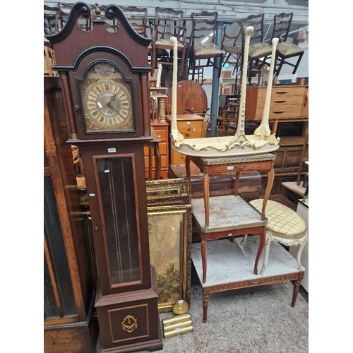 944 - A mixed lot comprising ECS Westminster chiming longcase clock, three framed art prints on canvas, pa... 