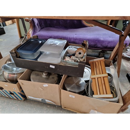 411 - 3 boxes of stainless steel pans and a box of storage containers etc