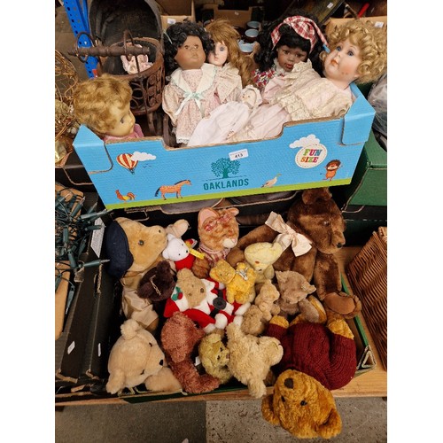 413 - Two boxes containing ceramic faced dolls and some vintage teddy bears