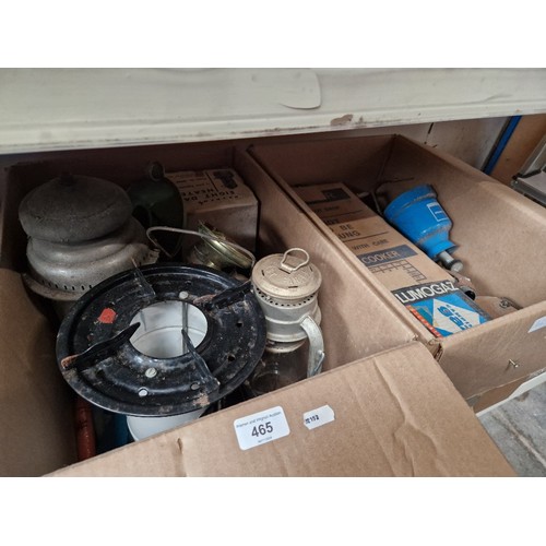 465 - Two boxes containing oil lamps, gas stoves, blow lamps, etc.