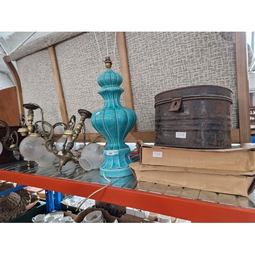 994 - A mixed lot comprising pair of brass light fittings, blue glazed ceramic table lamp, two Ikea adjust... 