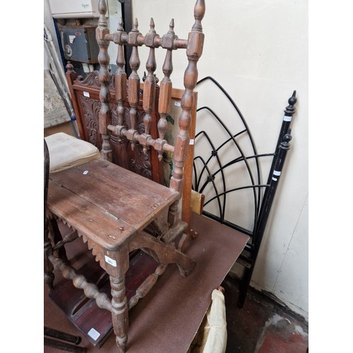 993 - A mixed lot comprising folding step chair, oak stool, two fire screens, a mahogany box and a Gothic ... 