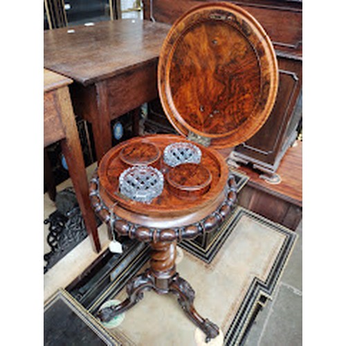 874 - A mid 19th century marquetry inlaid walnut tea poy, with fitted interior, cut glass mixing bowls and... 