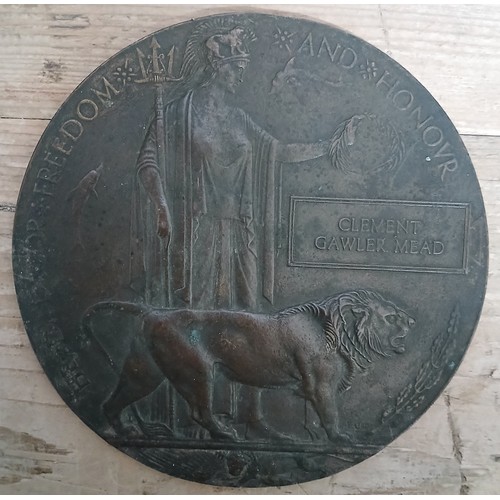 1 - A WWI bronze Death Plaque awarded to Captain Clement Gawler Mead M.C. Canadian Infantry, accidentall... 