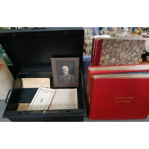 152 - Robert Thompson, Houghton, metal box and contents of ephemera together with three albums of press cu... 