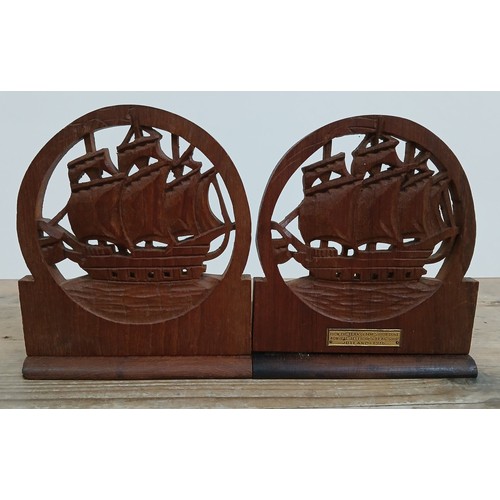 222 - A pair of teak bookends, one labelled 'FROM THE TEAK OF HMS IRON DUKE ADMIRTAL JELLICOES FLAG SHIP J... 