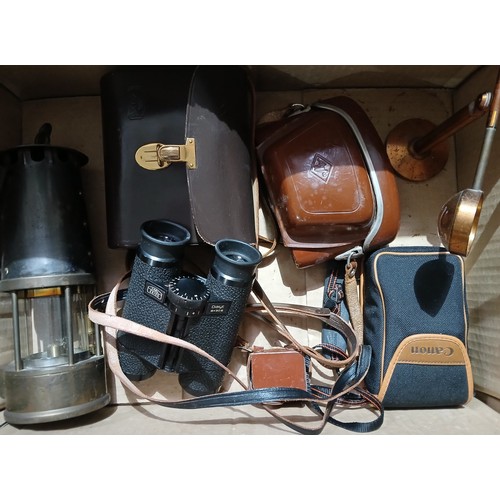 179 - A pair of Carl Zeiss Dialyt 8x30B binoculars together with two cameras, a magnifier and a pit lamp.