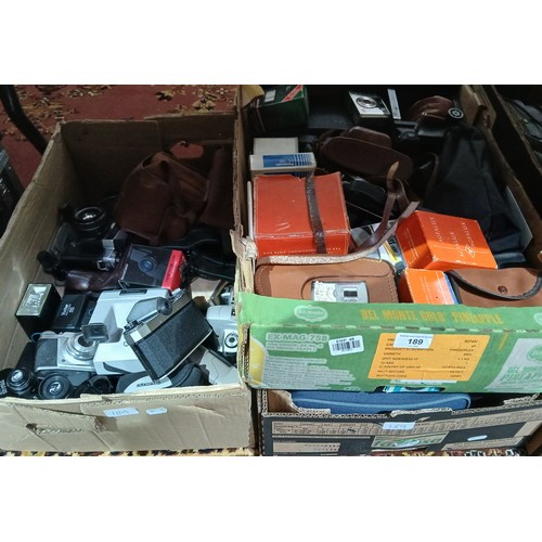 189 - Three boxes of assorted cameras and accessories.