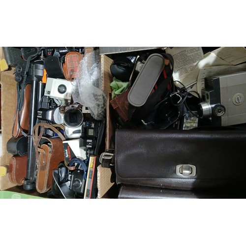 181 - Two boxes of cameras, lenses, accessories, binoculars, cine camera, etc.