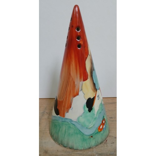 273 - A Clarice cliff Art Deco conical sugar shaker decorated with an orange roof cottage or farm house wi... 