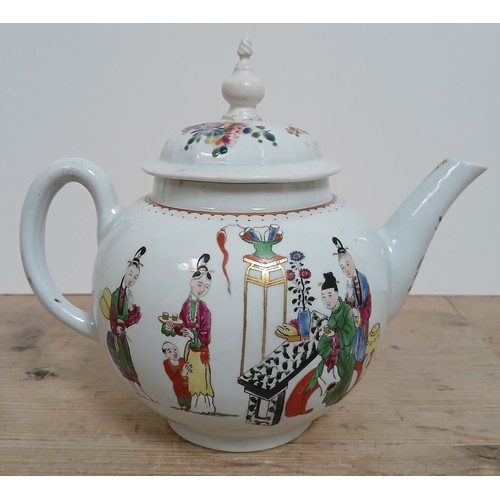 304 - A Bow porcelain tea pot, circa 1760, decorated in over enamels, length 19cm.