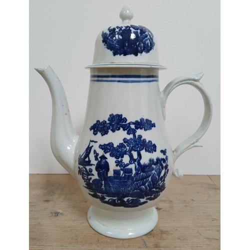 303 - A Liverpool porcelain coffee pot, circa 1780 decorated in blue and white with chinoiserie pattern, h... 