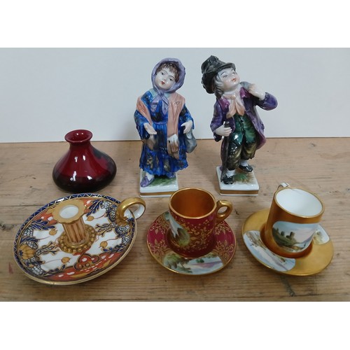 322 - Assorted cabinet china comprising a pair of Volkstedt figures, a miniature Davenport camberstick, tw... 