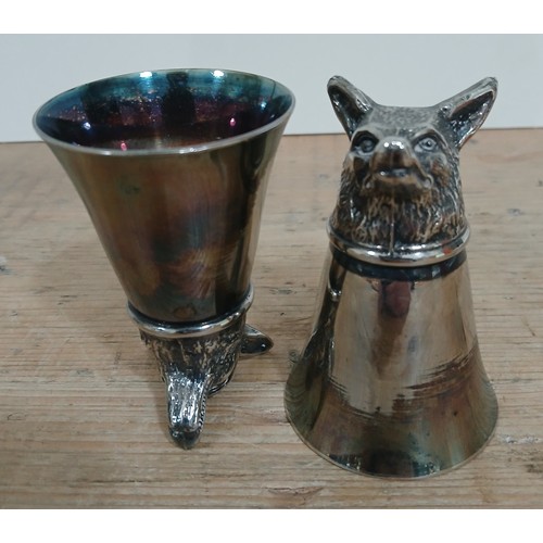 392 - A pair of silver plated stirrups cups modelled as fox's heads, height 8cm.