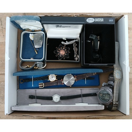 400 - A box of watches and jewellery including Mackintosh design silver brooch.