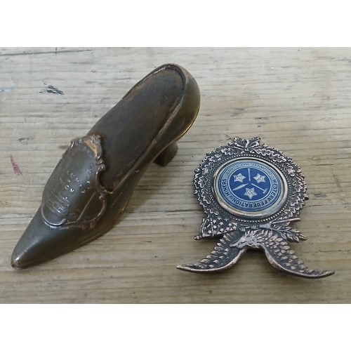 386 - A copper shoe pin cushion with badge commemorating the sinking of Red Jacket shaft Calumet Copper Mi... 