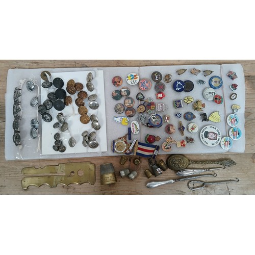 399 - A box of various badges, buttons and collectables including military, ambulance, etc.