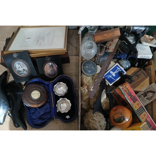 668 - A box of a sorted collectables including House of Commons 1831 fire box, silver salts, portrait mini... 