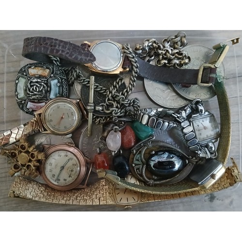 665 - A tub of assorted collectables including watches, chains, coins etc.