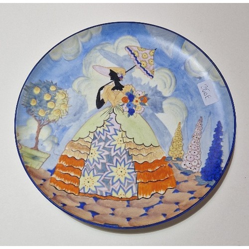 260E - A Carltone Ware pottery charger decorated with a lady holding an umbrella, diameter 32.5cm.