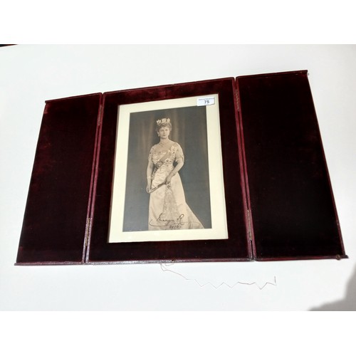 75 - Queen Mary, a full length autographed portrait, moroccan red leather and velvet line frame/case, mar... 