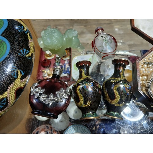 247 - Assorted items including Chinese cloisonné, carved hard stone, snuff bottle etc.