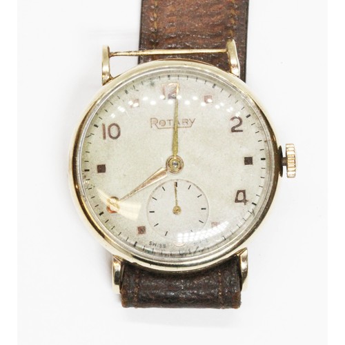 728 - A gent's 9ct gold case Rotary wristwatch, diameter 30mm, part leather strap.