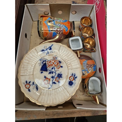 82 - A box of oriental ceramics including coffee set and cake stands