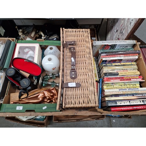 79 - Fitted picnic hamper with cutlery, plates, glasses etc. for 4 people, a box of books & box containin... 