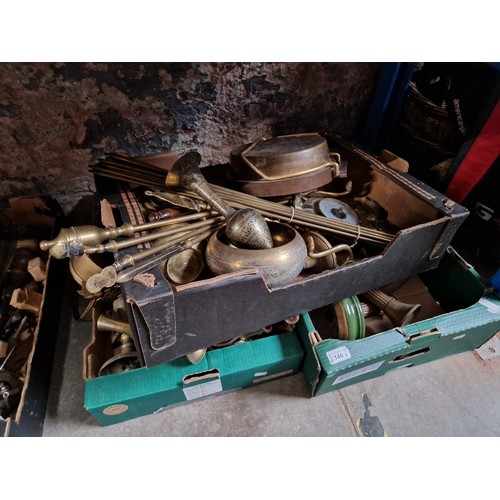 146 - Three boxes of assorted brassware