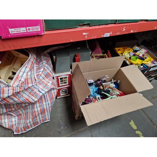 145 - 3 boxes and a large bag containing dolls houses, furniture, dolls, Subbuteo, Lego etc