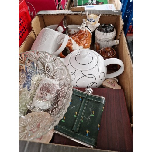 153 - A box of ceramics and glass including teapots etc