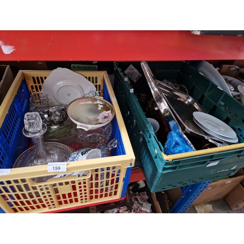 159 - Two boxes containing ceramics, glass, silver plated ware, etc.