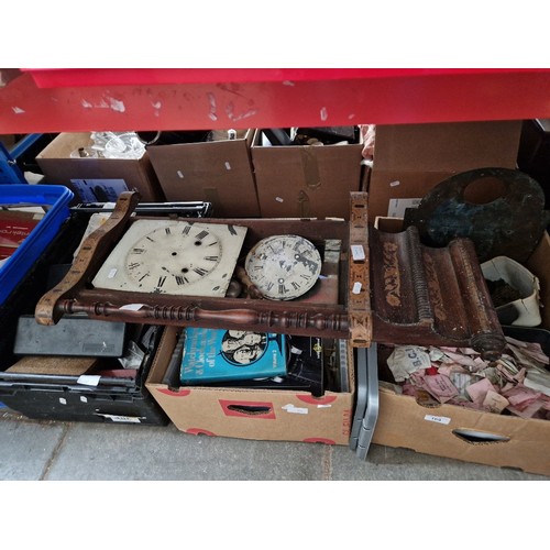 169 - 3 boxes and a tub of clock parts and tools, together with a clock case and movement etc